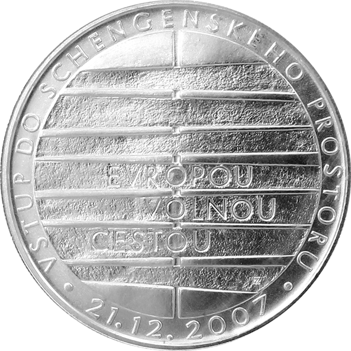 Přední strana Strieborná minca 200 Kč Vstup do schengenského priestoru 2008 Štandard