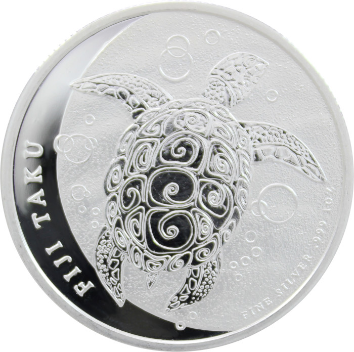 Přední strana Stříbrná investiční mince Fiji Taku Hawksbill Turtle - Kareta pravá 1 Oz 