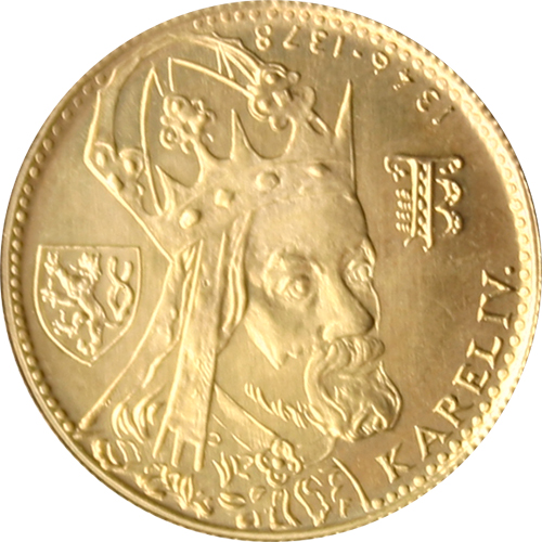 Přední strana Zlatá mince Karel IV. Jednodukát Československý 600. výročí úmrtí 1980 