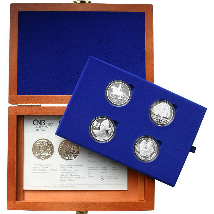 Sada stříbrných pamětních mincí roku 2002 v dřevěné krabičce Proof