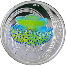 Přední strana Strieborná kolorovaná minca Jellyfish Středomořská Medúza 2010 Proof Pitcairn Islands