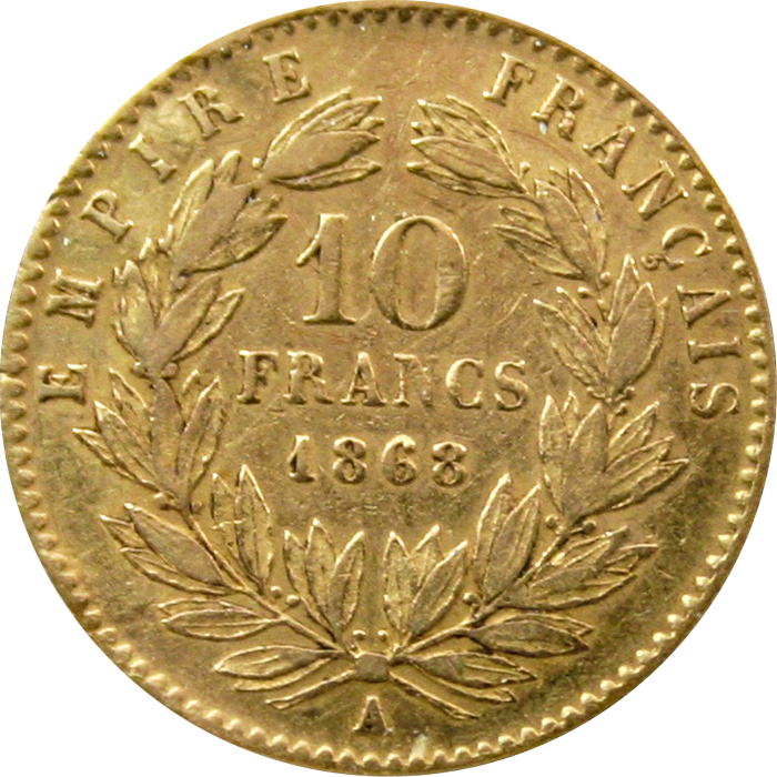 Zlatá mince 10 Frank Napoleon III. 1868 A