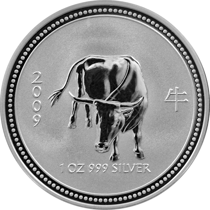 Stříbrná investiční mince 2007 Year of the Ox Rok Buvola Lunární 1 Oz 2009