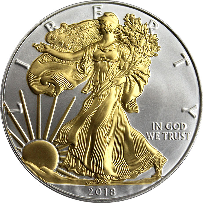 Přední strana Stříbrná mince pozlacený American Eagle 1 Oz Standard