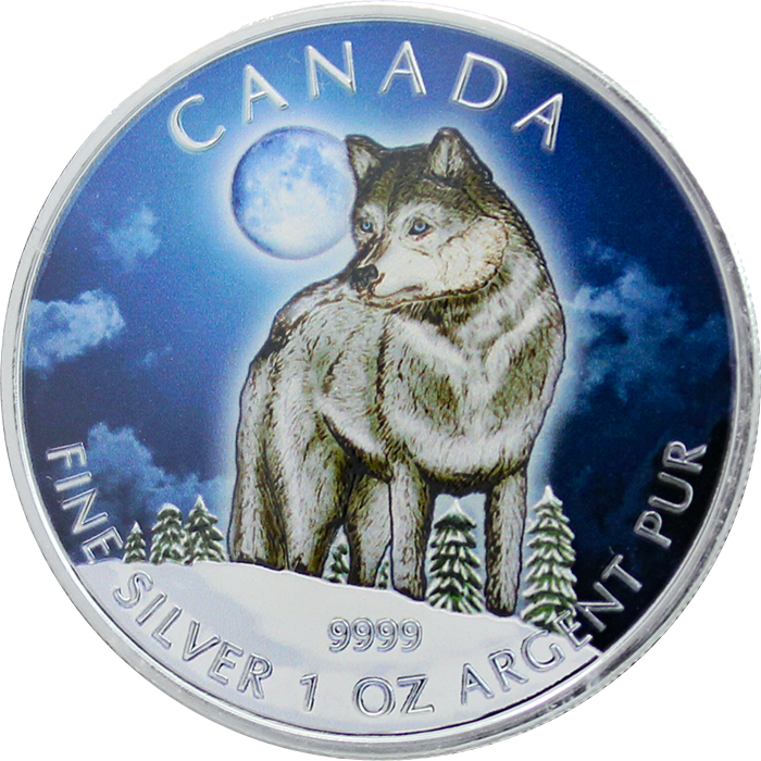 Strieborná kolorovaná minca Vlk Canadian Wildlife 1 Oz 2011 Štandard