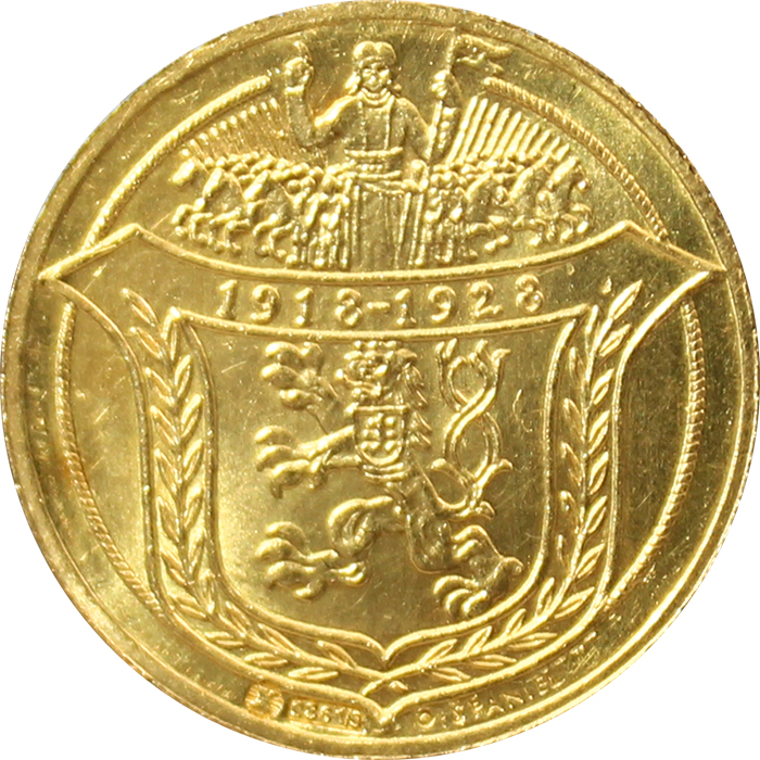 Přední strana Zlatá medaila 2-dukát Som razený z českého kovu 1928