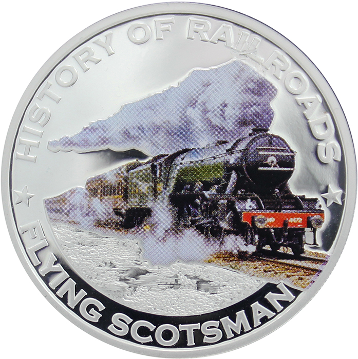 Strieborná kolorovaná minca Flying Scotsman History of Railroads 2011 Proof
