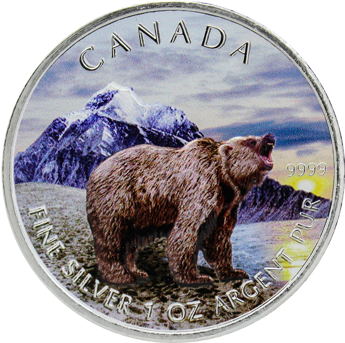 Stříbrná mince kolorovaný Grizzly Canadian Wildlife 1 Oz 2011 Standard