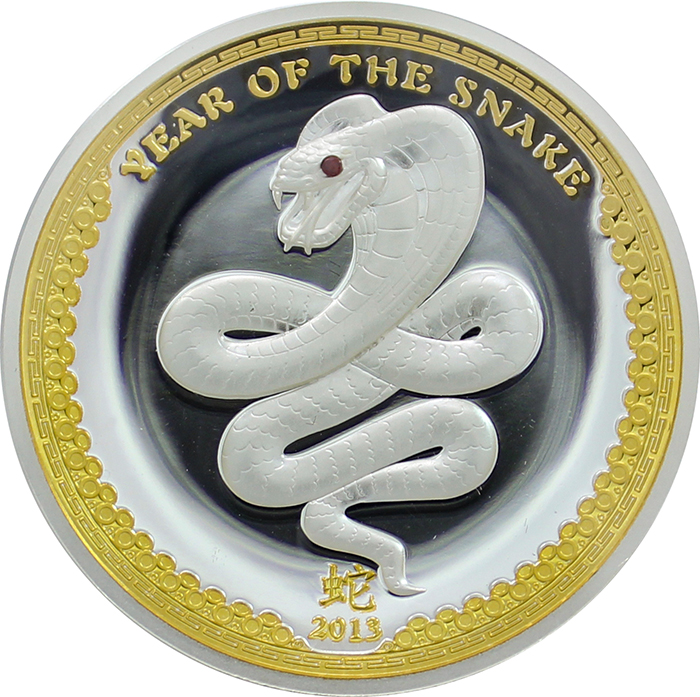 Strieborná minca pozlátený Year of the Snake Rok Hada High Relief 2013 Proof