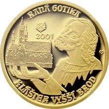Přední strana Zlatá minca 2000 Kč Klášter Vo Vyššom Brode Raná Gotika 2001 Proof