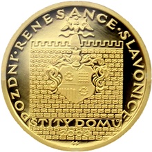 Přední strana Zlatá minca 2000 Kč Štíty Domov ve Slavoniciach Pozdná Renesancia 2003 Proof 