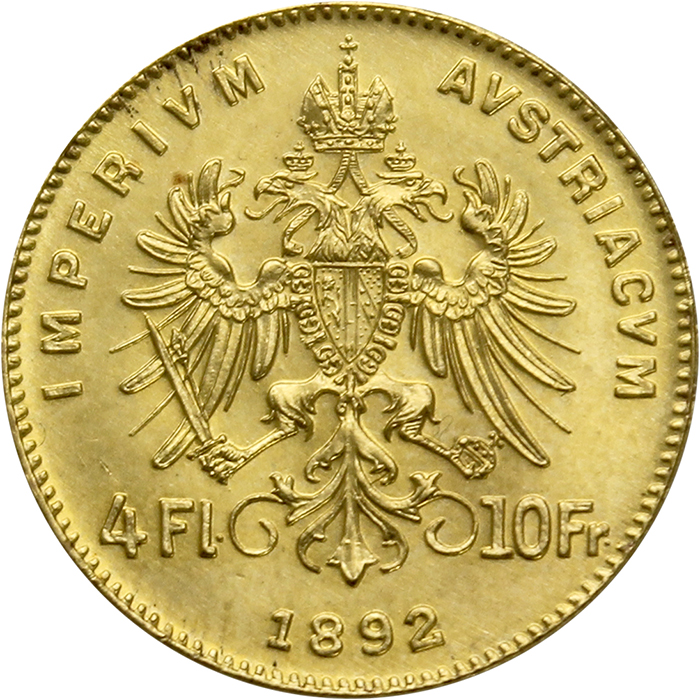 Zlatá investiční mince Čtyřzlatník Františka Josefa I. 4 Gulden 10 Franků 1892 (novoražba)