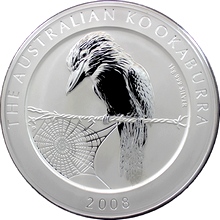 Přední strana Ezüst befektetési érme Kookaburra 1 kg 2008