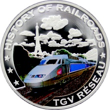 Strieborná kolorovaná mincaTGV Reseau History of Railroads 2011 Proof