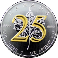 Strieborná minca pozlátená Maple Leaf 25. výročie 1 Oz 2013 Štandard