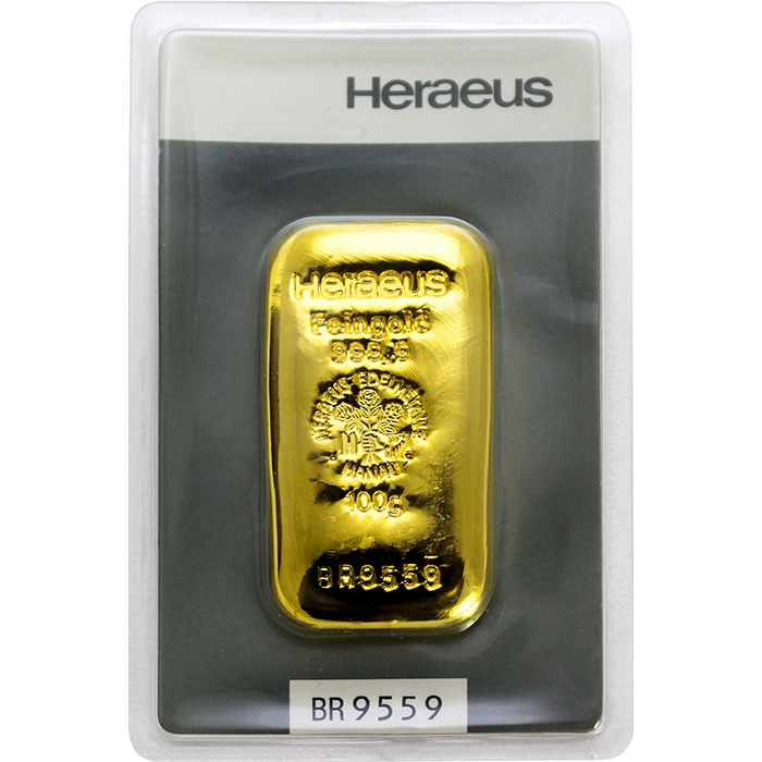 100g Heraeus Nemecko Investičná zlatá tehlička liata