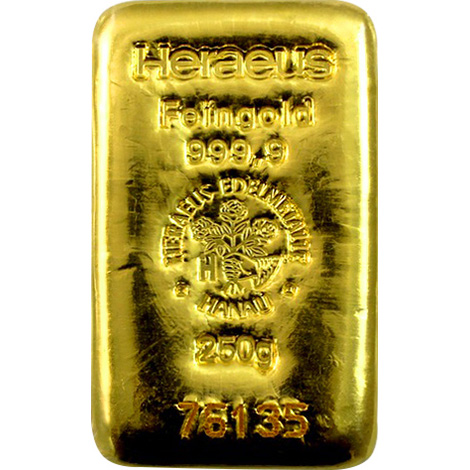 250g Heraeus Nemecko Investičná zlatá tehlička