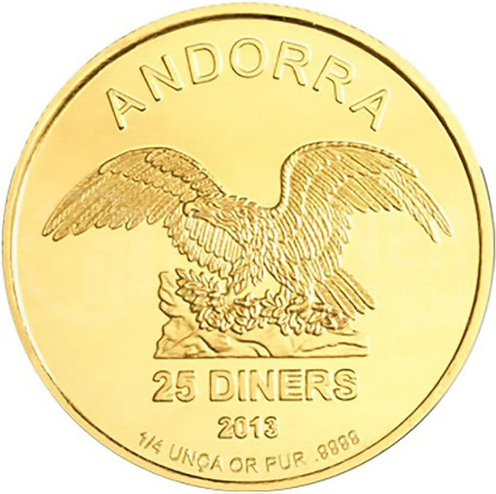 Přední strana Zlatá investiční mince Andorra Eagle 1/4 Oz