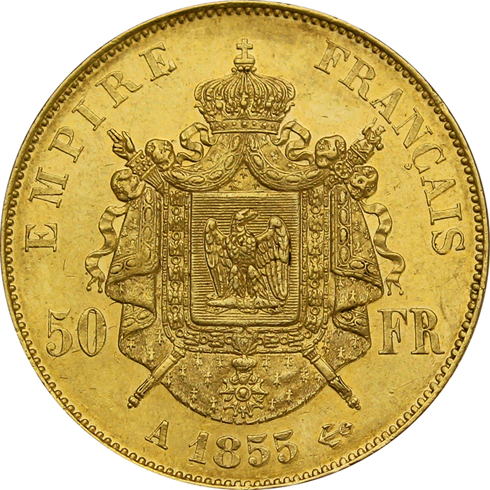 Přední strana Zlatá minca 50 Frank Napoleon III. 1855 A