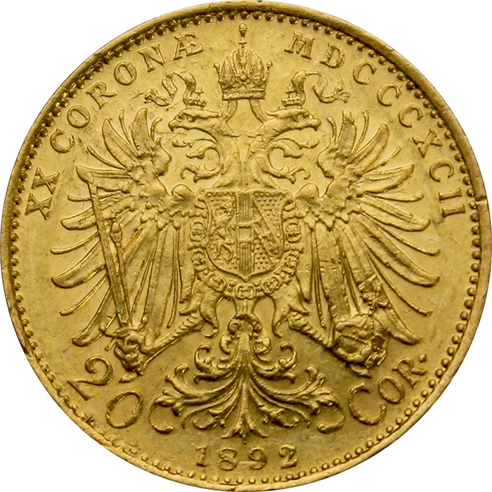 Zlatá mince Dvacetikoruna Františka Josefa I. Rakouská ražba 1892