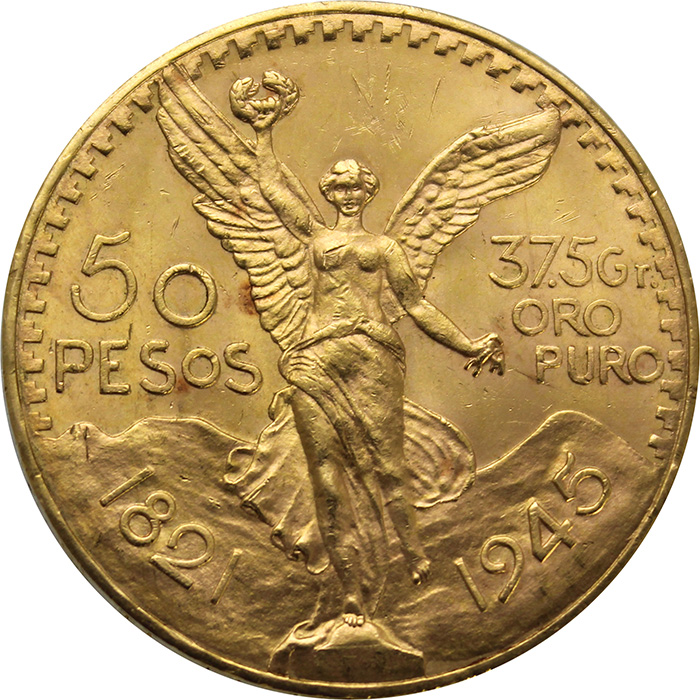 Přední strana Zlatá mince 50 Peso Centenario 1921-1947