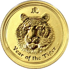 Zlatá investiční mince Year of the Tiger Rok Tygra Lunární 1/10 Oz 2010