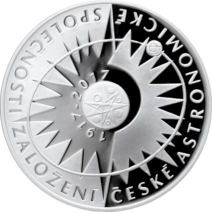 Přední strana Strieborná minca 200 Kč Založenie Českej astronomickej spoločnosti 100. výročie 2017 Proof