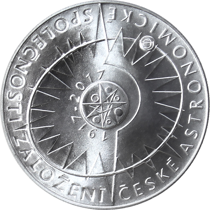 Přední strana Strieborná minca 200 Kč Založenie Česke astronomicke spoločnosti 100. výroči 2017 Standard