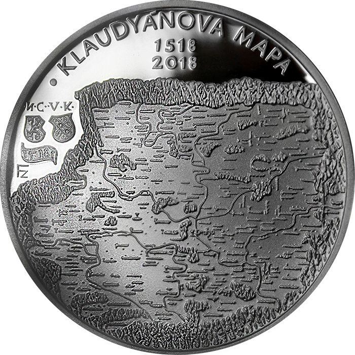 Přední strana Stříbrná mince 200 Kč Vydání Klaudyánovy mapy 500. výročí 2018 Proof