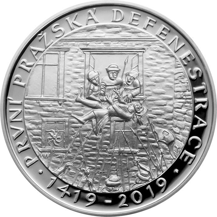 Přední strana Stříbrná mince 200 Kč První pražská defenestrace 600. výročí 2019 Proof