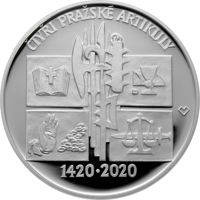Přední strana Strieborná minca 200 Kč Vydanie  Štyroch pražských artikulov  600. výročie 2020 Proof