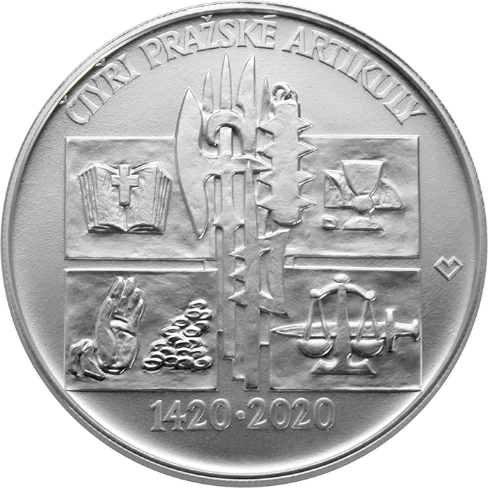 Přední strana Strieborná minca 200 Kč Vydánie Štyroch pražských artikulov 600. výročie 2020 Štandard