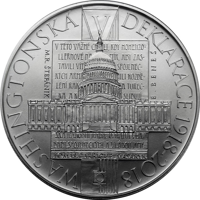 Přední strana Stříbrná mince 500 Kč Přijetí Washingtonské deklarace 100. výročí 2018 Standard