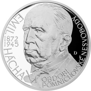 Strieborná medaila Československý prezidenti - Emil Hácha 2015 Proof