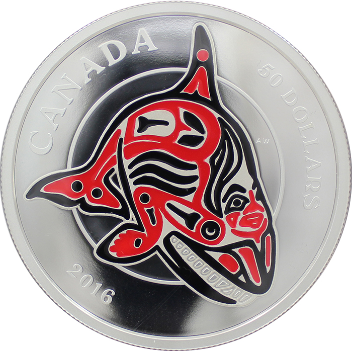 Přední strana Stříbrná mince 5 Oz Orca Mythical Realms of the Haida 2016 Proof (.9999) 