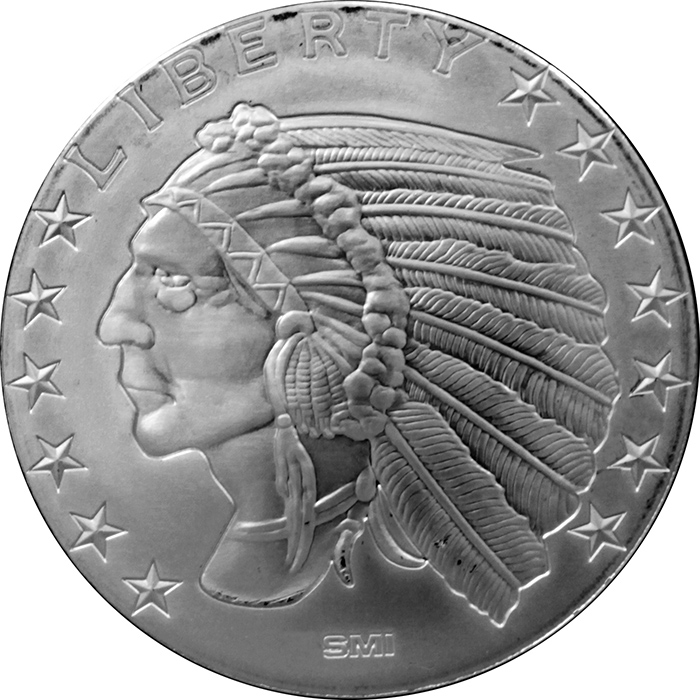 Přední strana Stříbrná investiční medaile Incuse Indian 1 Oz
