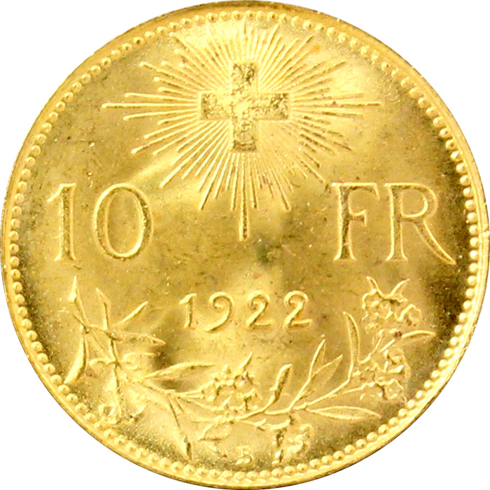 Zlatá mince 10 Frank Helvetia 1922