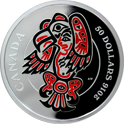 Přední strana Stříbrná mince 5 Oz Orel Mythical Realms of the Haida 2016 Proof (.9999)