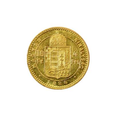 Zlatá mince Čtyřzlatník Františka Josefa I. 10 Franků 4 Forinty 1884