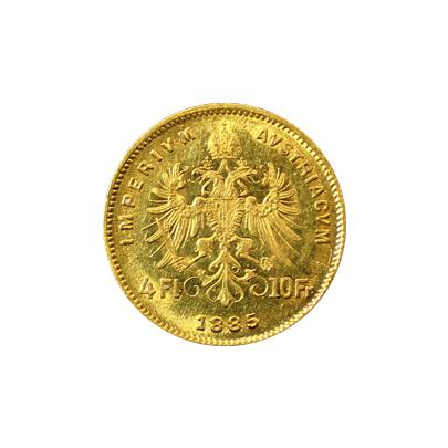 Přední strana Zlatá mince Čtyřzlatník Františka Josefa I. 4 Gulden 10 Franků 1885