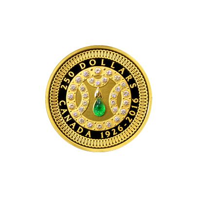 Přední strana Zlatá minca Kráľovna Alžbeta II. 90. výročie narodenia 2016 Diamanty Smaragd Proof