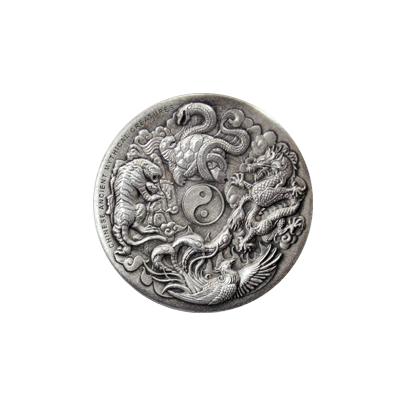 Přední strana Strieborná minca 2 Oz Čínske staroveké mýtické bytosti High Relief 2016 Antique Štandard