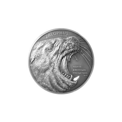 Přední strana Stříbrná mince 2 Oz Lachtan North American Predators 2016 Antique Standard