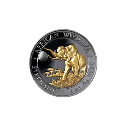Přední strana Strieborná Ruténium minca pozlátený Slon africký 1 Oz Golden Enigma 2016 Proof