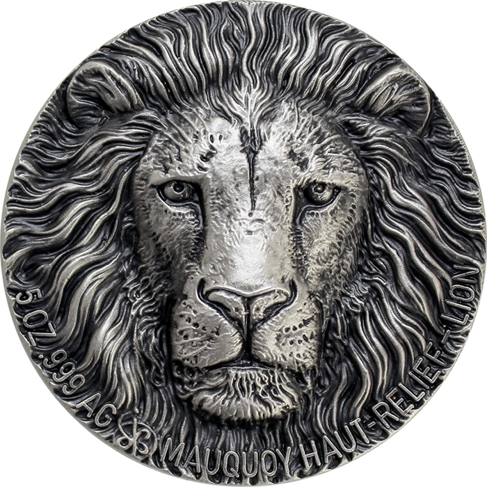 Přední strana Stříbrná mince 5 Oz Lev The African Big Five High Relief 2016 Antique Standard