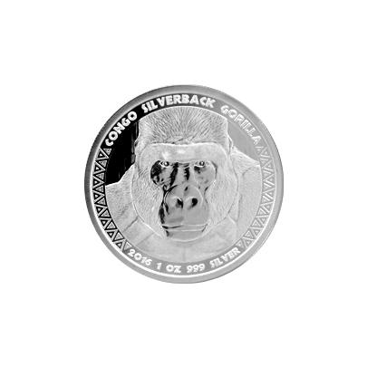 Přední strana Stříbrná investiční mince Kongo Gorila 1 Oz 2016