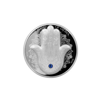 Přední strana Stříbrná mince 2 Oz Ruka Fatimy - Hamsa Ultra high relief 2016 Krystal Proof