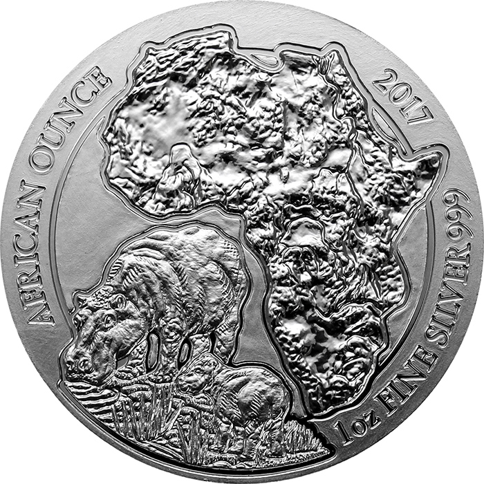 Stříbrná investiční mince Hroch Rwanda 1 Oz 2017