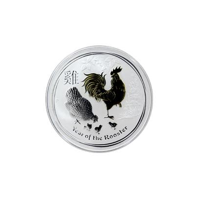 Stříbrná mince pozlacený Year of the Rooster Rok Kohouta Lunární 1 Oz 2017 Standard