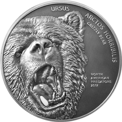 Stříbrná mince 2 Oz Medvěd grizzly North American Predators 2017 Antique Standard